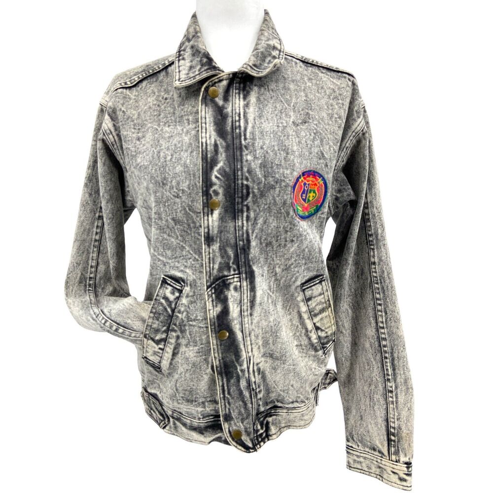 VTG Great Lakes Traders Acid Washed Delta Crest Patch Snap Front Denim Jacket XL